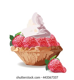 Tart cake with strawberry and cream. Vector Delicious realistic illustration
