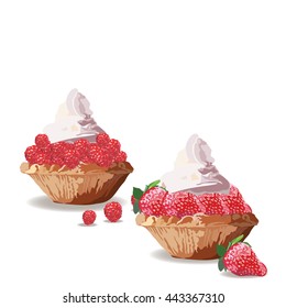 Tart cakes with strawberry and raspberry. Vector Delicious realistic illustration