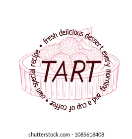 Tart dessert with berries icon. Cartoon vector hand drawn illustration on pink background. Vintage sketch label image