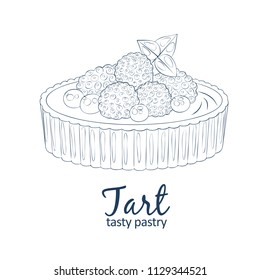 Tart dessert with berries icon. Cartoon vector linear black and white illustration