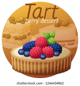 Tart dessert with berries icon on bright gradient background. Cartoon vector illustration