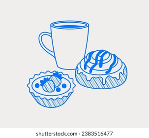 Tart with a strawberry, cinnamon bun, and a cup of coffee. Line art, retro. Vector illustration for bars, cafes, and restaurants.