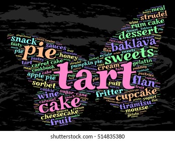 Tart. Word cloud, butterfly, grunge background.  Food concept.