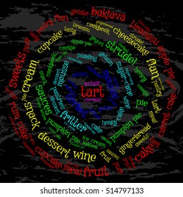 Tart. Word cloud, circle Maya, grunge background. The magic of food.