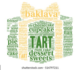 Tart. Word cloud, gift box, white background. Gift to the chef.