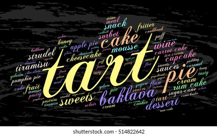 Tart. Word cloud, grunge background. Food concept.