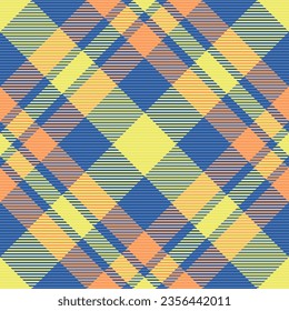 Tartan background fabric of texture seamless pattern with a check plaid textile vector in blue and yellow colors.