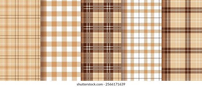 Tartan background. Plaid seamless pattern. Flannel beige brown texture. Lumberjack tablecloth. Set Vichy table cloth prints. Gingham fabric. Christmas check cloth. Kitchen textile. Vector illustration