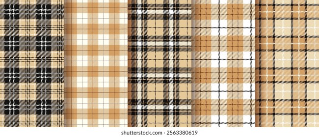 Tartan beige background. Plaid seamless pattern. Flannel table cloth texture. Lumberjack tablecloth. Set Vichy print. Gingham fabric. Christmas check cloth. Kitchen napkin textile. Vector illustration