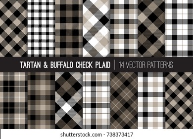 Tartan and Buffalo Check Plaid Vector Patterns. Gray, Black and White Flannel Shirt Fabric Textures. Hipster Fashion. Checkered Background. Pattern Tile Swatches Included.