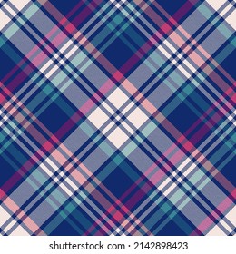 Tartan check pattern in blue, magenta pink, teal green for spring summer autumn winter. Seamless large beautiful herringbone plaid vector for scarf, picnic blanket, other holiday textile design.
