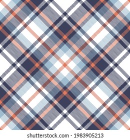 Tartan check pattern in blue, orange, white. Seamless spring autumn winter herringbone graphic. Simple Scottish plaid vector for flannel shirt, skirt, throw, other modern fashion textile design.