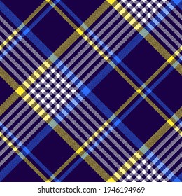 Tartan check pattern herringbone bright texture in navy blue, neon yellow, white. Seamless large colorful plaid for blanket, scarf, duvet cover, other modern autumn winter fashion textile print.