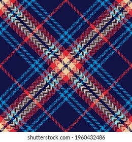 Tartan check pattern in navy blue, red, beige. Seamless herringbone vector plaid graphic dark background for flannel shirt, scarf, throw, blanket, other modern autumn winter fashion fabric design.