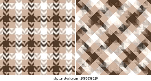 Tartan check pattern print in brown, beige, white. Seamless herringbone textured elegant vichy gingham graphic set for dress, jacket, trousers, skirt, other modern autumn fashion fabric design.