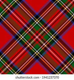 Tartan check pattern Royal Stewart in red, green, blue, yellow, white. Traditional Christmas large Scottish plaid vector for blanket, duvet cover, throw, other classic winter fashion fabric design.
