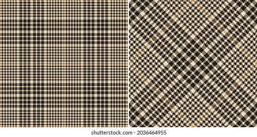 Tartan check pattern tweed in black, gold brown, beige, white. Herringbone textured seamless modern plaid for jacket, coat, skirt, trousers, scarf, other spring autumn winter fashion textile design.