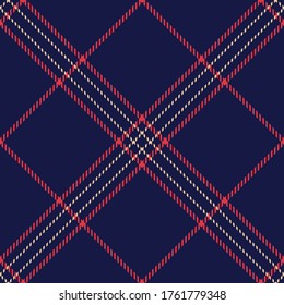 Tartan check pattern vector in blue, red, beige. Seamless diagonal dark plaid graphic for flannel shirt, skirt, tablecloth, or other modern autumn winter textile print.