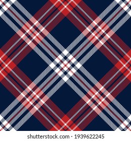 Tartan Check Pattern Vector In Navy Blue, Red, White. Seamless Textured Dark Plaid Background Graphic For Flannel Shirt, Throw, Blanket, Other Modern Spring Autumn Winter Fashion Fabric Print.