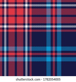 Tartan check plaid pattern in blue, red, white. Seamless herringbone textured dark Scottish plaid for flannel shirt, skirt, blanket, duvet cover, or other autumn winter textile print.