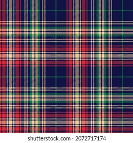 Tartan check plaid pattern for Christmas in red, green, navy blue, beige. Seamless herringbone textured vector illustration for flannel shirt, blanket, other modern autumn winter fashion fabric print.