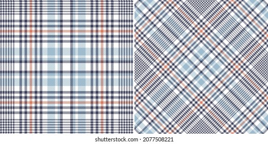 Tartan check plaid pattern glen in navy blue, blue, orange, white. Seamless textured large tweed vector set for scarf, blanket, duvet cover, other modern spring autumn winter fashion fabric design.