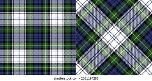 Tartán revisa el patrón de plaid Gordon Dress en azul, verde, amarillo, blanco. Vector tradicional sin foco para la camisa de la franela de invierno del otoño de primavera, manta, cubierta de edredón, otra moderna impresión textil de moda.