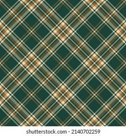Tartan check plaid pattern in green, brown, beige for autumn winter. Seamless diagonal herringbone dark plaid vector for flannel shirt, blanket, poncho, other modern everyday fashion fabric design.