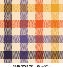 Tartan check plaid pattern. Multicolored gingham background in purple, orange, yellow, beige for autumn design. Seamless large herringbone buffalo check plaid for blanket, duvet cover, flannel shirt.