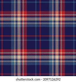 Tartán verifica el patrón de plaid en azul marino, rojo, beige para el invierno otoño de primavera. Ilustración vectorial sin foco para camisetas de franela, pijamas, manta, tiros, bufanda, otras formas modernas de impresión textil.