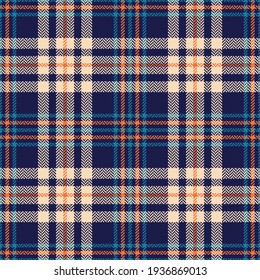 Tartan check plaid pattern in orange, navy blue, off white. Multicolored dark bright seamless herringbone check texture for flannel shirt, duvet cover, scarf, other autumn fashion textile print.