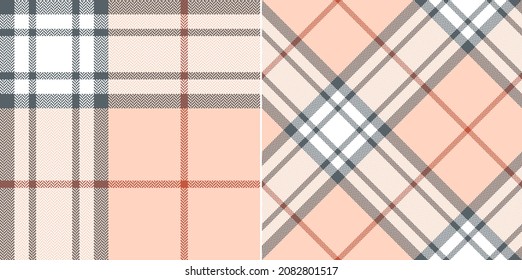 Tartan check plaid pattern in powder pink, red, grey, white. Seamless large textured light pastel plaid set for scarf, blanket, duvet cover, other spring summer autumn winter fashion textile print.
