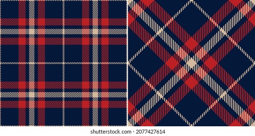 Tartan check plaid pattern in red, navy blue, beige. Seamless simple textured dark plaid vector illustration for flannel shirt, skirt, blanket, duvet cover, other modern autumn winter textile print.