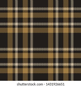Tartan check plaid pattern seamless vector background. Herringbone checkered plaid in dark grey and gold for modern textile design. Pixel texture.