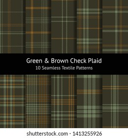 Tartan check plaid pattern set. Seamless hounds tooth tweed stripe plaid in dark green and brown for jacket, coat, skirt, or other modern fashion textile design. Swatches included.