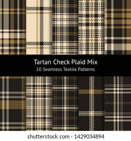 Tartan check plaid pattern set. Seamless plaid in dark grey and gold for scarf, flannel shirt, or other modern textile design. Woven, pixel, herringbone, mosaic squares, glen hounds tooth texture.