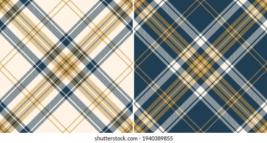 Tartan check texture pattern set in blue, gold, off white. Seamless striped graphic background vector plaid for autumn winter flannel shirt, duvet cover, scarf, other everyday fashion fabric design.