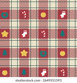 Tartan chequou as cores de Natal com elementos de Natal. Ícone de Natal com bengala de doces, meia, estrela, visco em verificado para embrulho de presente, estacionário, cartão e tecido.