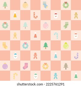 Tartan checked plaids with Christmas elements pastel colors. Seamless Chess table background with Christmas icons.