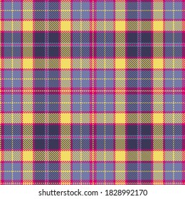 Tartan Cloth Pattern. Checkered plaid vector illustration. Seamless background of Scottish style great for wallpapers, textiles, decorations, wrappings. The violet, lilac, yellow, and pink colors.