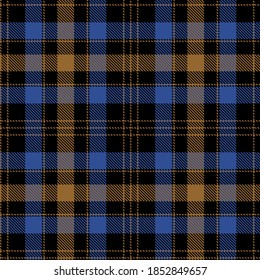 Tartan-Stoffmuster Überdachte Vektorgrafik. Nahtloser Hintergrund des schottischen Stils für moderne Designs. Für Tapeten, Textilien, Dekorationen, Verpackungen. Blau, hellbraun und schwarz.
