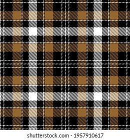 Tartan Cloth Pattern. Chequered plaid vector illustration. Seamless background of Scottish style great for wallpapers, textiles, decorations, festive wrappings. The Braun, White, Black colors. Gold.