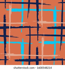 Tartan. Grunge Stripes. Abstract Texture with Horizontal and Vertical Dry Brush Strokes. Scribbled Grunge Pattern for Chintz, Linen, Wallpaper. Scottish Motiff. Vector Texture.