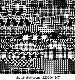 Tartan houndstooth plaid jacquard fabric patchwork abstract vector seamless pattern in black and white