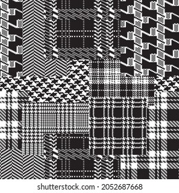 Tartan houndstooth and scottish jacquard fabric patchwork abstract vector seamless pattern in black and white