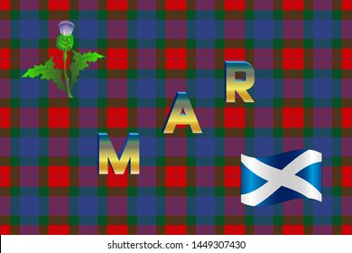 Tartan with the name of the clan Mar and the image of the thistle and the flag of Scotland