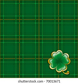 Tartan ornate background to St. Patrick's Day with glossy clover