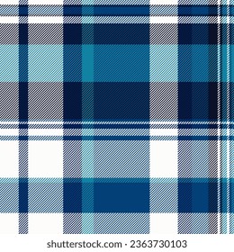 Fondo tartán de corte vectorial de plaqueta de corte tartán con textura de tela sin costura en colores cian y blanco.