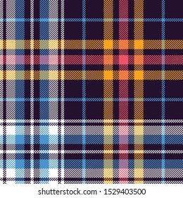 Tartan pattern background. Seamless colroful woven pixel check plaid graphic in dark purple, blue, coral, yellow, and white for flannel shirt, blanket, or other modern fabric design.