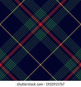 Tartan pattern Christmas check plaid vector in navy blue, red, green, yellow. Seamless herringbone multicolored large dark texture for blanket, duvet cover, other modern winter fashion textile print.